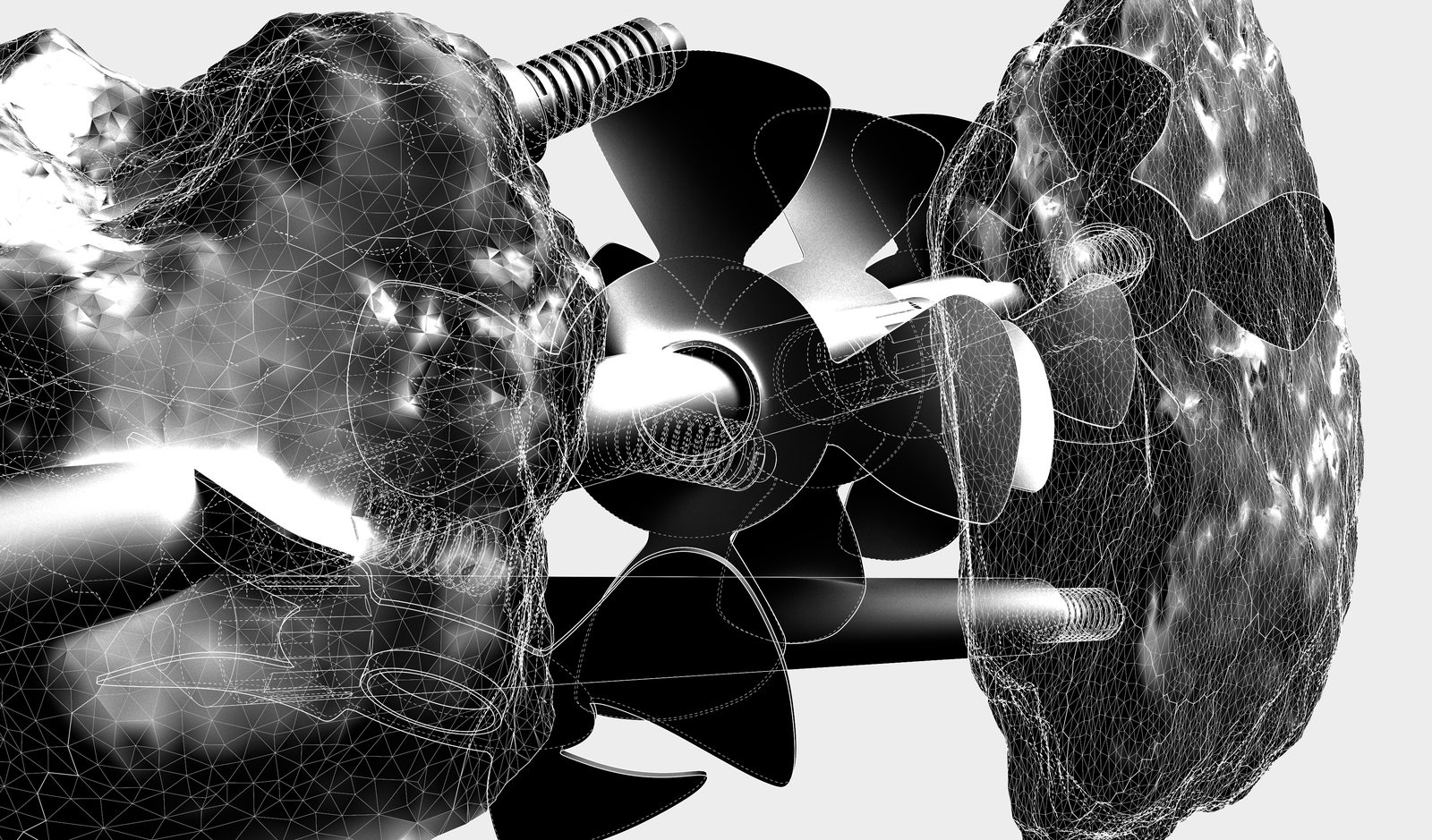 Black-and-white render of a jagged stone fused with fan blades and threaded shafts, traced in wireframe.