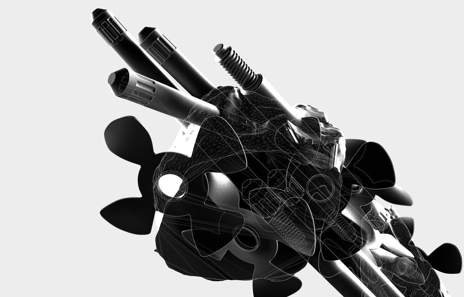 A dense cluster of shafts, fan blades and rock thrusting diagonally upward against pale grey.