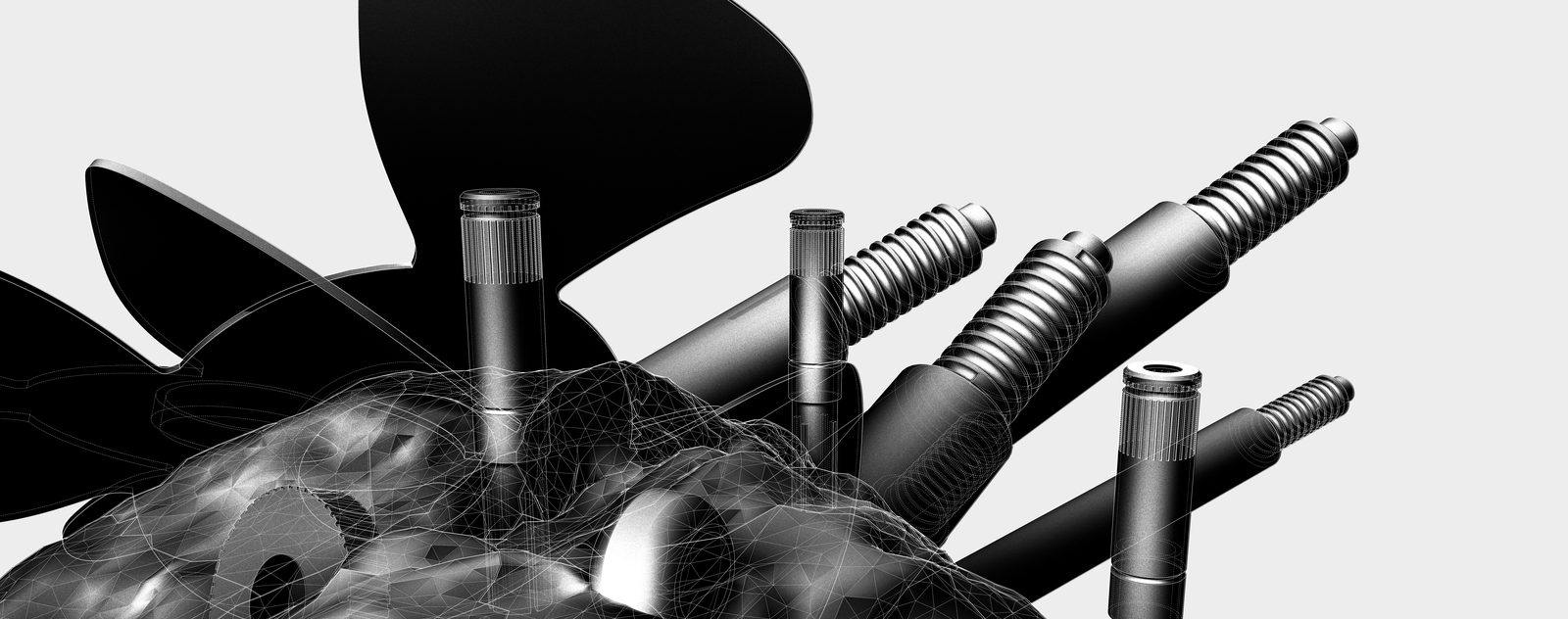 Threaded rods and a large black propeller rising from a wireframe stone along a wide, low horizon.