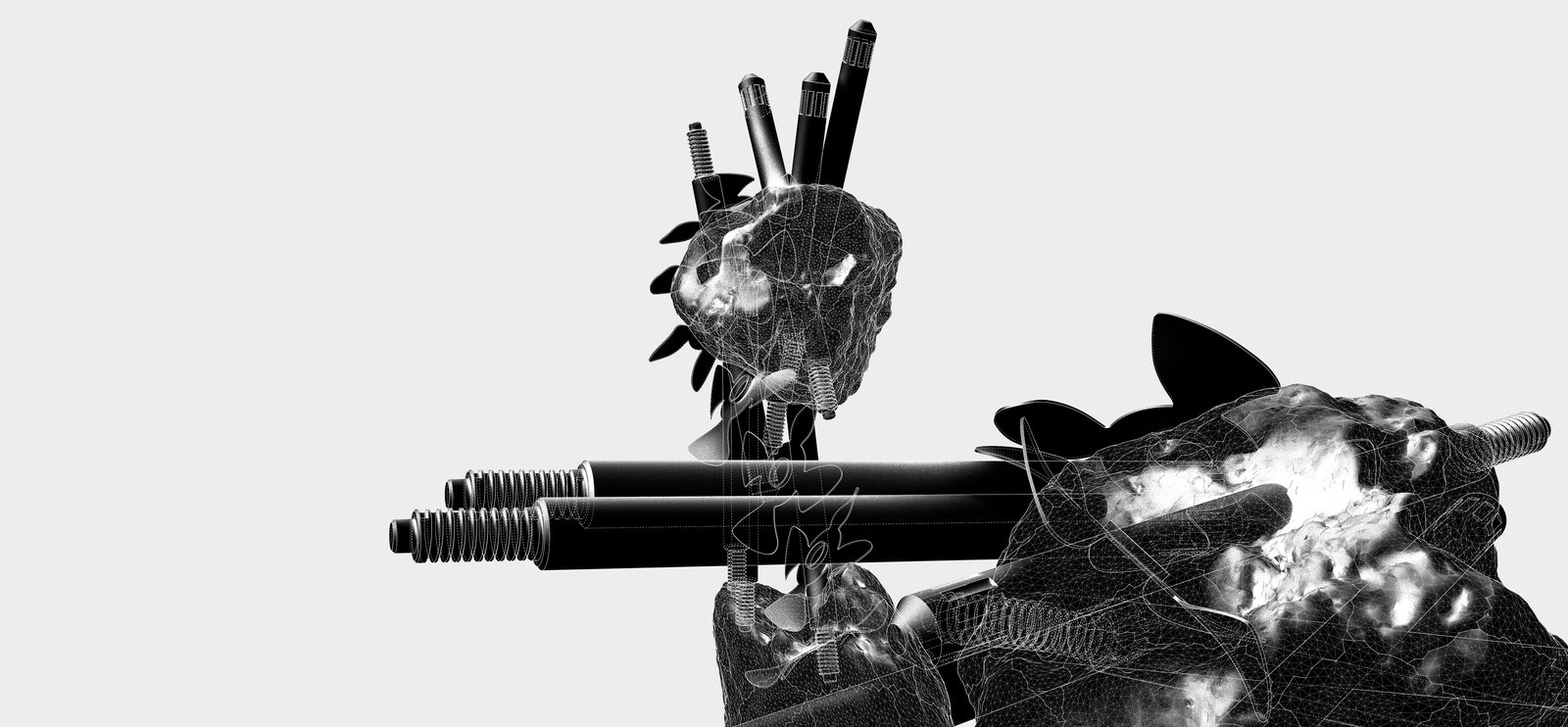 Two stone-and-motor assemblies joined by long threaded rods, one standing upright like a sprouting form.