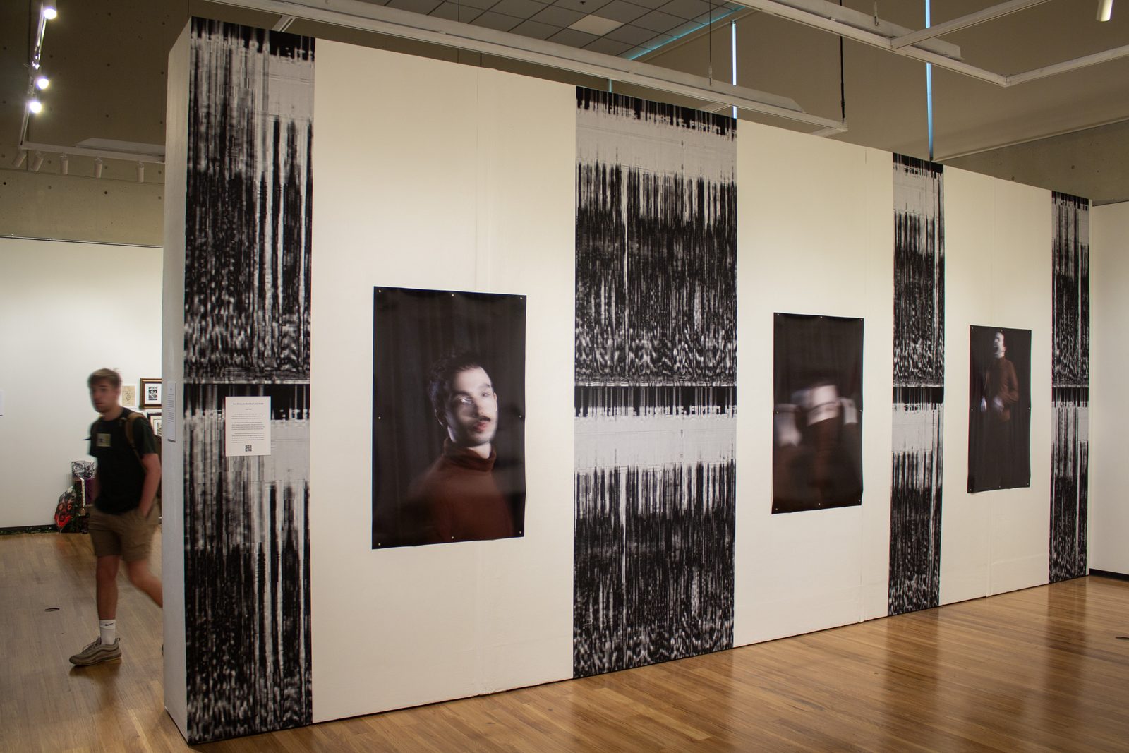 Gallery wall of floor-to-ceiling black-and-white spectrogram panels, with three large portrait prints between them.