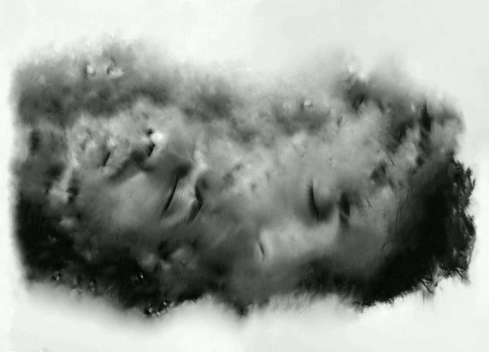 A face with closed eyes dissolving into smoky grey and black against white.