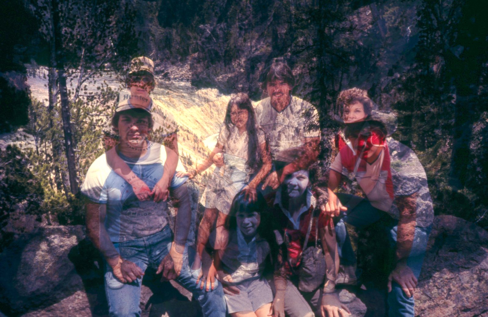 Two photographs of the family overlapped on rocks, faces doubling against a canyon waterfall and pines.