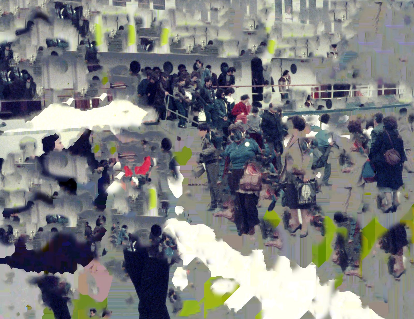 Crowd at a ship’s rail breaking apart into pixelated blocks, with flashes of lime green and white.