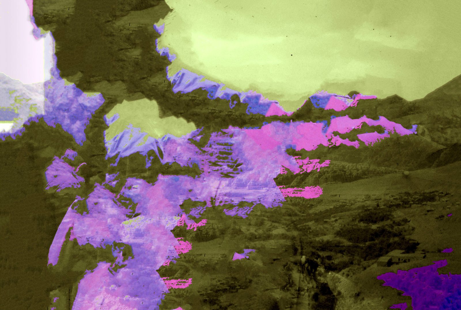 Mountain valley in acid yellow-green, split open by torn patches of violet and pink.