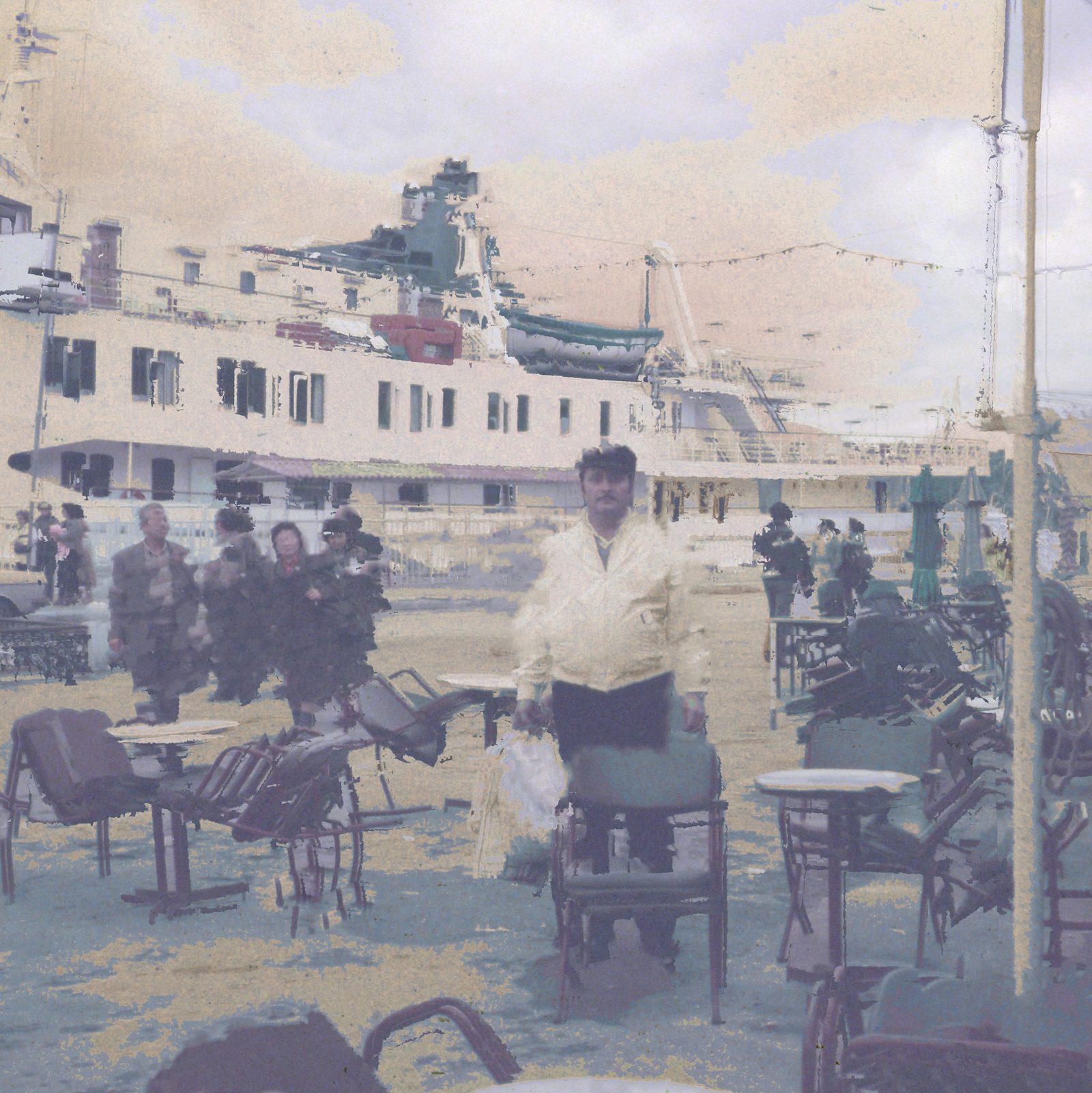 The artist’s grandfather in a pale jacket stands among empty café chairs on a pier, a large ship behind him, in washed-out cream and blue.
